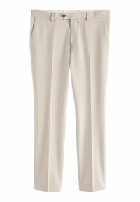 Pantalones tailoring beige con una tela suave, frente plano, dos bolsillos laterales y un pequeño cierre de botón. Ajuste clásico de pierna recta.