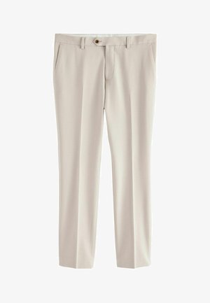 Beige tailored trousers with a smooth fabric, flat front, two side pockets, and a small button closure. Classic straight leg fit.