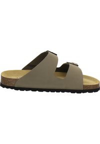 Brown cork sandal with two wide straps, showcasing a smooth, matte finish and a contoured footbed. Features a textured black outsole.
