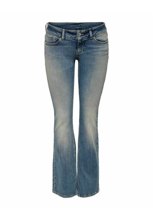 Blauwe denim jeans met middelhoge taille en subtiele vervaging, licht uitlopende pijpen, voorkant met knopen, ritssluiting en stijl met vijf zakken.