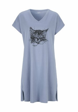 Light blue V-neck dress with short sleeves and a black sketch of a sleeping cat's face on the chest, featuring side slits at the hem.