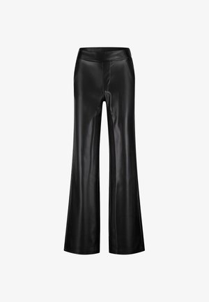 Zwarte imitatie leren flared broek met een gladde textuur, hoge taille en zijzakken. Ontworpen voor een losse, wijde pasvorm.