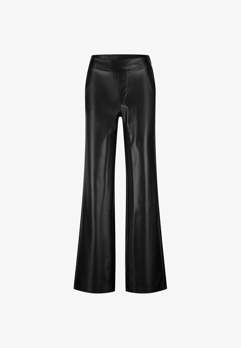 Zwarte imitatie leren flared broek met een gladde textuur, hoge taille en zijzakken. Ontworpen voor een losse, wijde pasvorm.