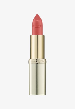 Rossetto L'Oreal Paris in una confezione dorata; bullet cremoso di colore pesca-rosa con punta appuntita; design metallico elegante; nome del marchio in rilievo sulla custodia.
