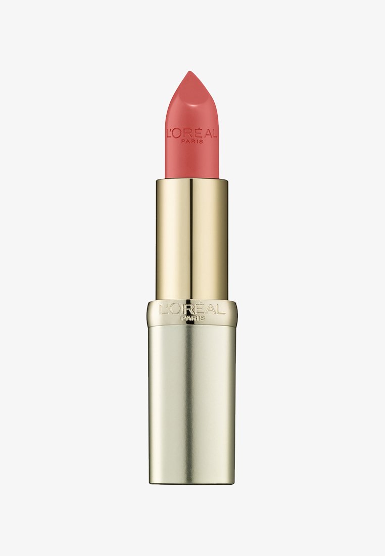 L'Oreal Paris lippenstift in een gouden tube; romige perzik-roze kogel met een spitse punt; slank metallic ontwerp; reliëf met de merknaam op de behuizing.