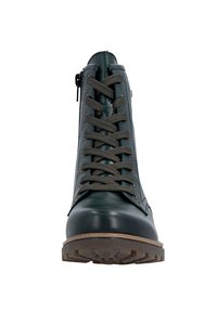 Grüne Lederstiefelette mit strukturierter Oberfläche, Schnürung vorne und seitlichem Reißverschluss. Verfügt über eine Gummisohle mit robustem Profil.