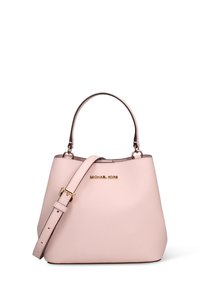 Roze leren handtas met een gestructureerde vorm, dunne handvatten, afneembare band, gouden beslag en een logo gegraveerd aan de voorkant.