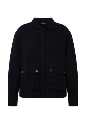 Marineblaue Jacke aus strukturiertem Stoff, mit einem kragenförmigen Ausschnitt, einer vorderen Knopfverschluss und zwei großen vorderen Taschen mit Knöpfen.