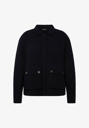 Navy blue jacket made of textured fabric, featuring a collared neckline, front button closure, and two large front pockets with buttons.