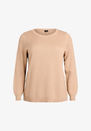 Beige pletený svetr s kulatým výstřihem, dlouhými rukávy a texturovaným vzorem. Design doplňují žebrované manžety a lem.