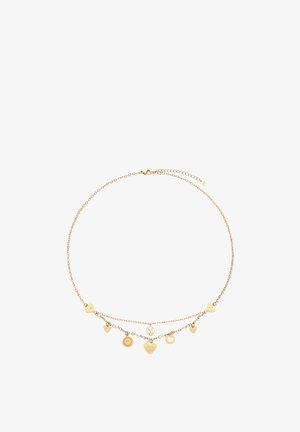 Collier chaîne en or avec petits charms en forme de cœur et ronds, certains gravés et reliés par de minuscules perles blanches.