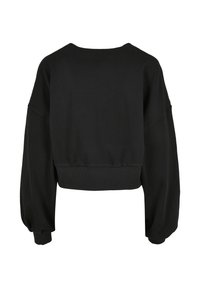 Black cropped sweatshirt featuring a round neckline, oversized sleeves, ribbed cuffs, and a soft texture. Simple, solid color design without patterns.