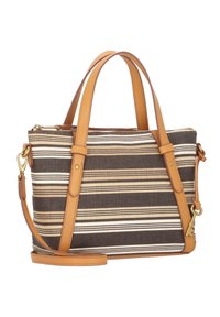 Sac à main rayé en tissu marron et crème avec des accents en cuir beige, double poignées supérieures et une bandoulière amovible.