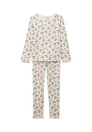 Ensemble composé d'un haut à manches longues et d'un pantalon couleur crème, avec un motif répétitif de cerises rouges et de feuilles vertes, fabriqué en tissu côtelé.