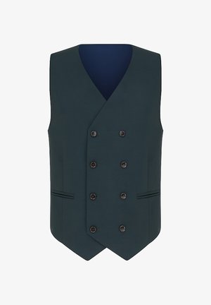 Ciemnozielona dwurzędowa męska kamizelka z sześcioma czarnymi guzikami i dwoma przednimi kieszeniami z otworami, bez rękawów z dekoltem w serek.