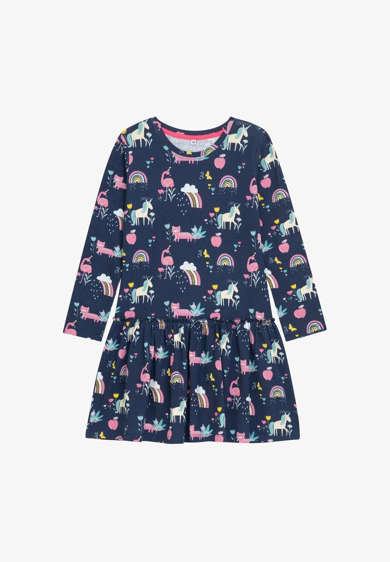 Robe à manches longues bleu marine avec jupe plissée, ornée d'un motif de flamants roses, de licornes blanches, d'arcs-en-ciel, de pommes et de fleurs.