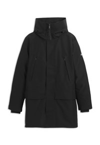Black waterproof jacket featuring a high collar, front zip, two chest pockets, and two lower flap pockets. Designed for functionality and warmth.
