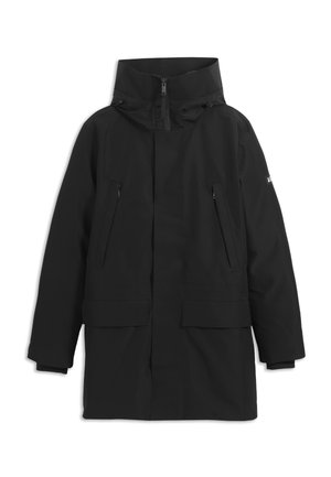 Schwarze wasserdichte Jacke mit hohem Kragen, Frontreißverschluss, zwei Brusttaschen und zwei unteren Klapptaschen. Entworfen für Funktionalität und Wärme.