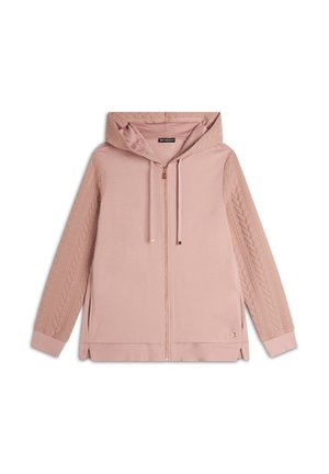 Felpa con cappuocio rosa chiaro, dotata di zip completa, maniche con motivo a texture e spacchi laterali. Tessuto morbido con una leggera lucentezza.