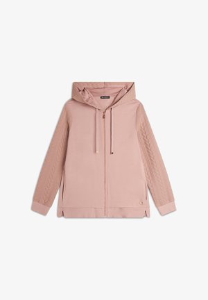 Felpa con cappuocio rosa chiaro, dotata di zip completa, maniche con motivo a texture e spacchi laterali. Tessuto morbido con una leggera lucentezza.