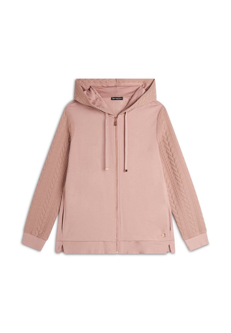 Felpa con cappuocio rosa chiaro, dotata di zip completa, maniche con motivo a texture e spacchi laterali. Tessuto morbido con una leggera lucentezza.
