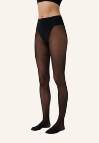 Tights neri trasparenti con design a vita alta. Texture liscia, opaca nella parte superiore e trasparente fino ai piedi. Nessun motivo o accento visibile.