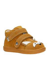 Scarpe scamosciate di colore beige con due cinturini in velcro. Presentano un design di volpe bianca sulla punta, con un naso nero e dettagli sulle orecchie. Suola in gomma.