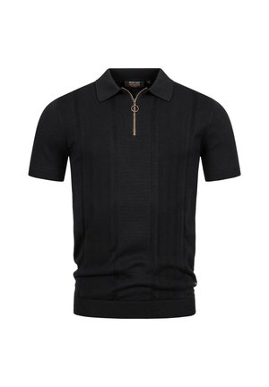 Čierna polokošeľa s krátkym rukávom a textúrovanými vertikálnymi prúžkami, so zipsom na polovičnú dĺžku, ktorý má okrúhly stiahovač pri golieri.