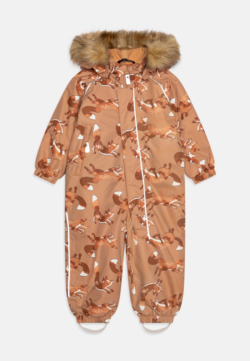 Esquimal infantil marrón con un diseño de zorros, capucha con ribete de piel, puños elásticos y cremalleras. Material suave y a prueba de agua.