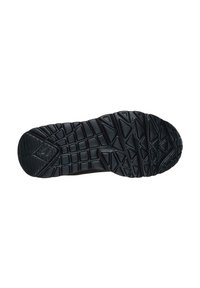 Suela de zapato de goma negra con un diseño de tracción que presenta formas angulares y surcos para mejorar el agarre y la durabilidad.