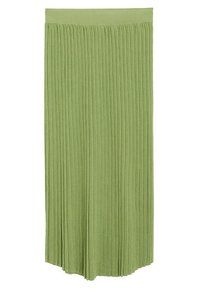 Falda midi verde con pliegues, hecha de una tela texturada, que cuenta con una cinturilla suave y pliegues verticales, con una silueta recta.