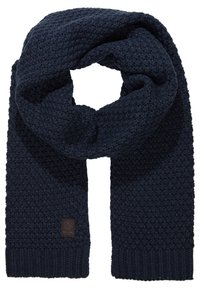 Fular tricotat navy cu un model texturat, având capete cu nervuri și o etichetă mică cu logo. Material moale, înfășurat într-o formă circulară.