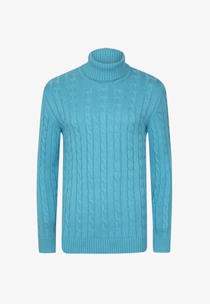 Cable-knit turtleneck sweater in bright blue, featuring a textured pattern, ribbed collar and cuffs, and a straight hem.