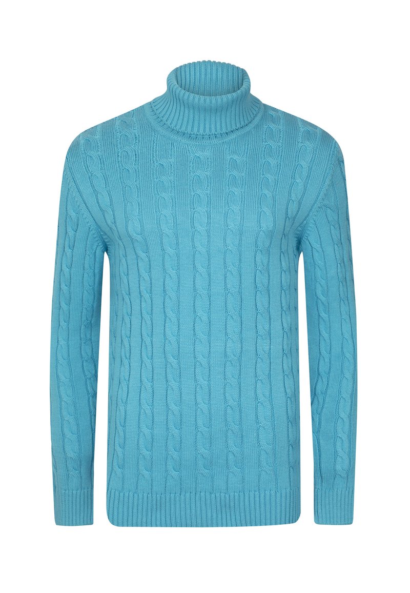Suéter de punto trenzado de cuello alto en azul brillante, con un patrón texturizado, cuello y puños acanalados, y un dobladillo recto.