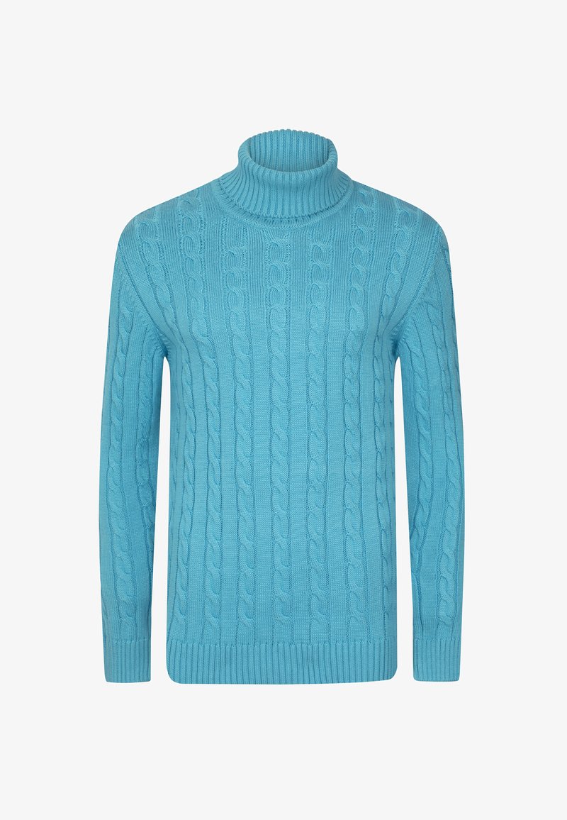 Suéter de punto trenzado de cuello alto en azul brillante, con un patrón texturizado, cuello y puños acanalados, y un dobladillo recto.