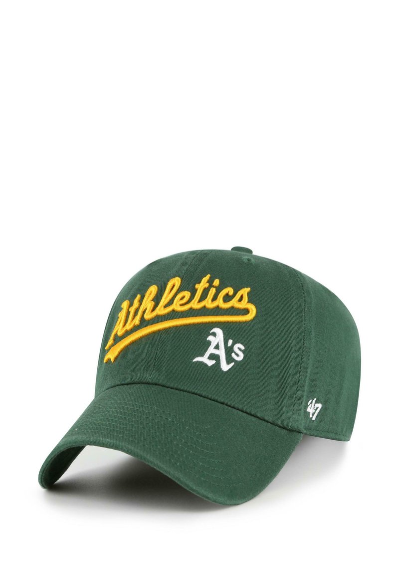 Grüne Baseballmütze mit gebogenem Schirm, die gelbe "Athletics" Stickerei und weiße "A's" zeigt. Enthält das "47"-Logo an der Seite. Aus Baumwollmaterial.