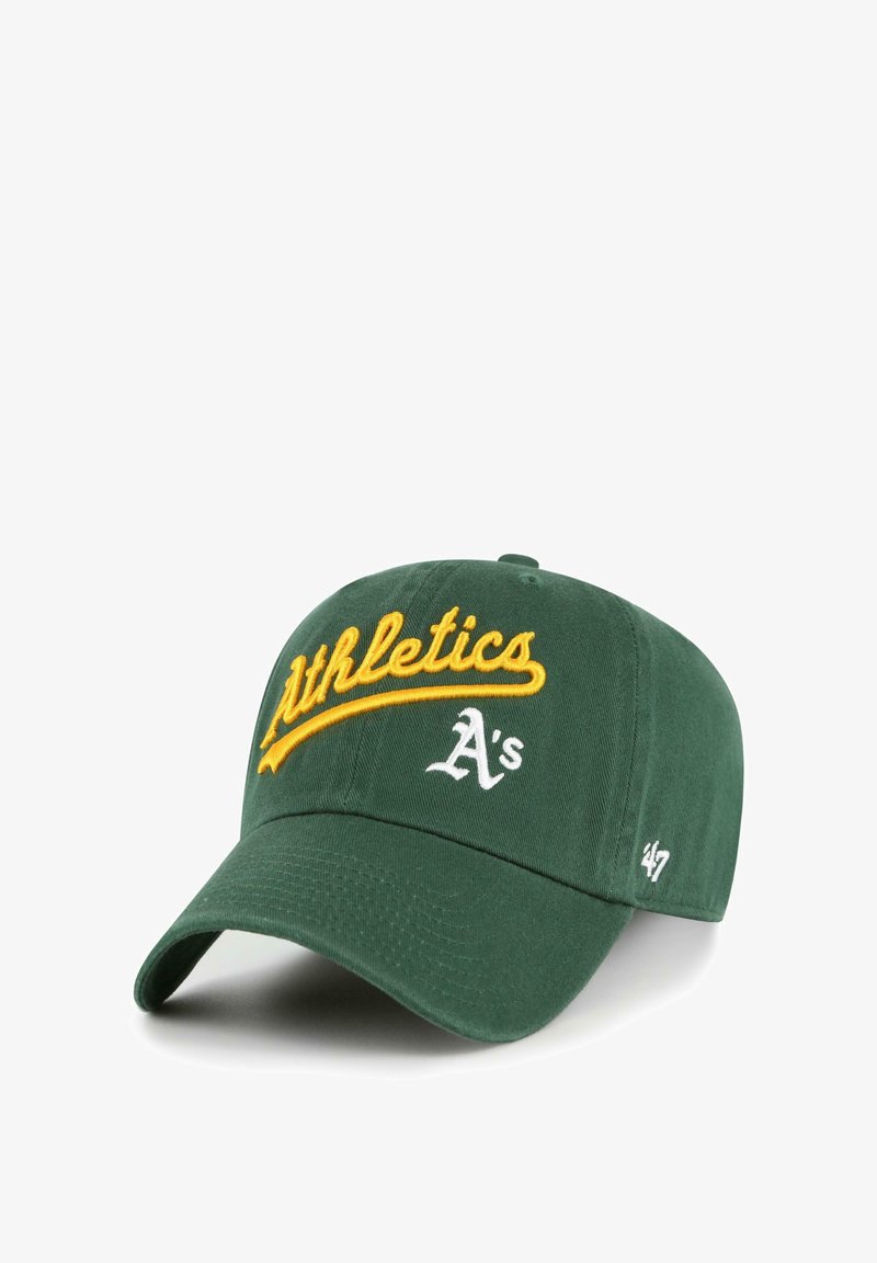 Grüne Baseballmütze mit gebogenem Schirm, die gelbe "Athletics" Stickerei und weiße "A's" zeigt. Enthält das "47"-Logo an der Seite. Aus Baumwollmaterial.