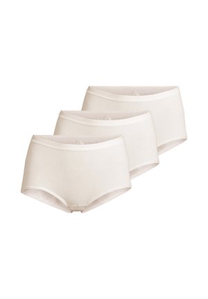 Three white cotton women's hipster underwear briefs stacked in a staggered arrangement on a white background.