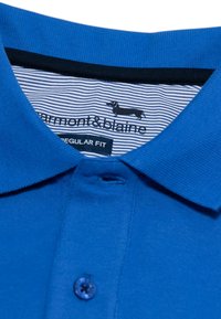 Polo shirt blu con colletto, dotato di patta con bottoni. L'interno presenta un motivo a righe; etichettato con "taglio regolare" e logo del marchio.