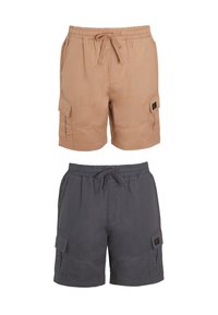 Herren Cargo-Shorts in Beige und Dunkelgrau. Aus leichtem Stoff gefertigt, mit elastischem Bund, Kordelzug und Seitentaschen.