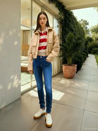 Beige kort jacka, röd- och vitrandig skjorta, blå skinny jeans och vita sneakers med beige platå. Gröna växter och stora fönster i bakgrunden.