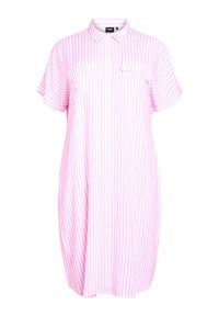 Pink and white striped button-up shirt dress with short sleeves, two chest pockets, and a relaxed fit. Made of lightweight fabric.