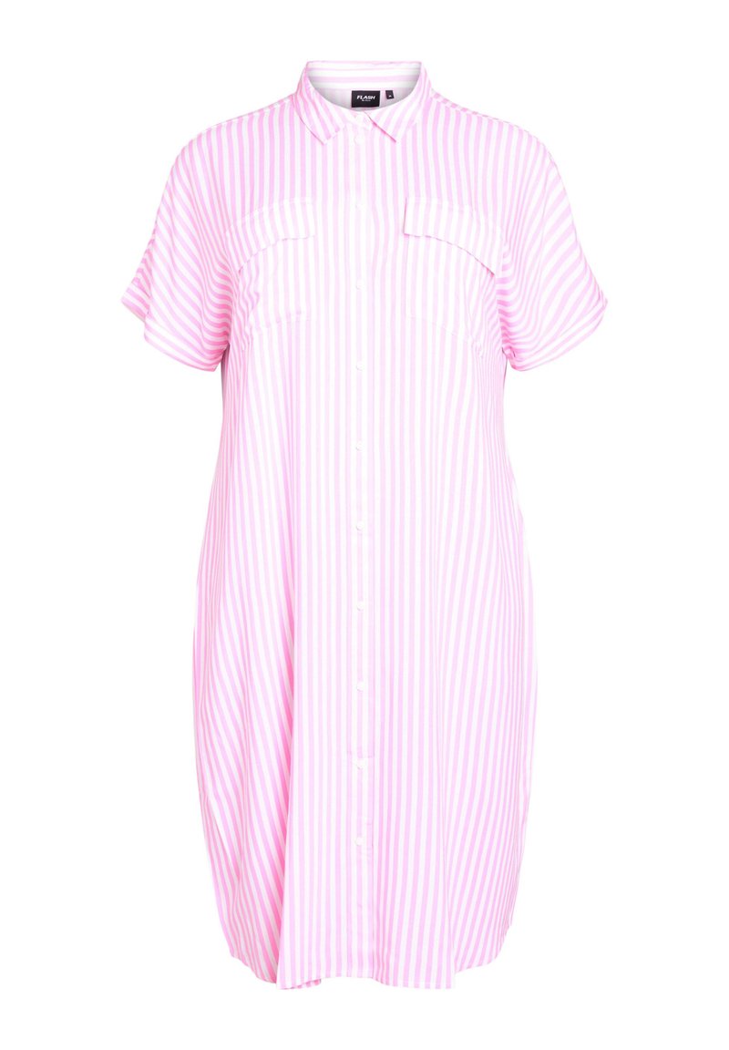 Pink and white striped button-up shirt dress with short sleeves, two chest pockets, and a relaxed fit. Made of lightweight fabric.