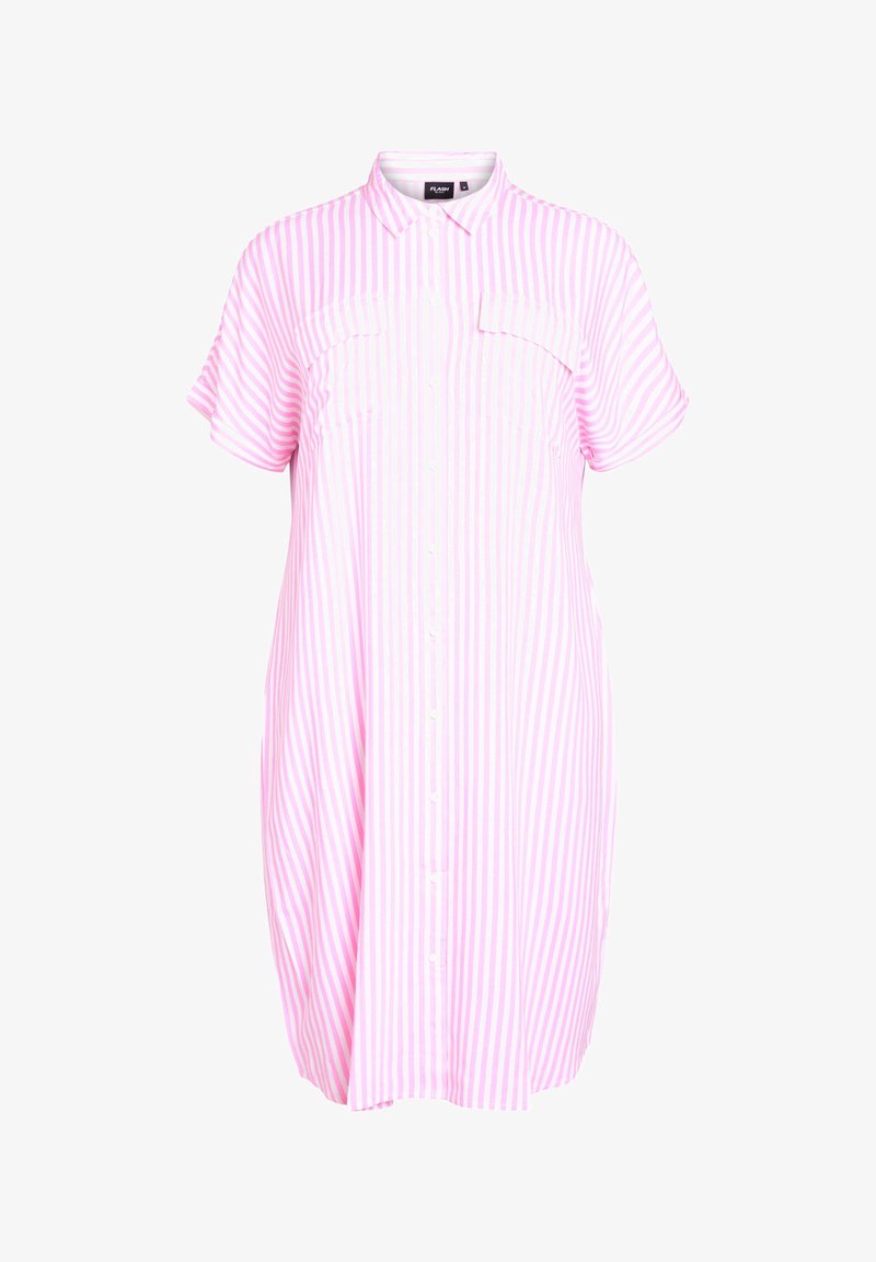 Růžové a bílé pruhované košilové šaty s krátkými rukávy, dvěma náprsními kapsami a uvolněným střihem. Vyrobeno z lehkého materiálu.