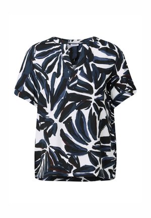 Short-sleeve blouse in white with blue and black leaf patterns. Features a V-neckline and relaxed fit, made from lightweight fabric.