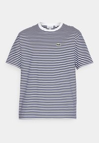 White and navy blue horizontal striped short-sleeve t-shirt with a round white collar and a small green crocodile logo on the chest.