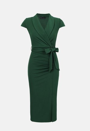 Sötétzöld térdig érő átlapolt ruha vállnélküli ujjakkal, sálgallérral, oldalt kötős övvel és finom elülső sliccel.