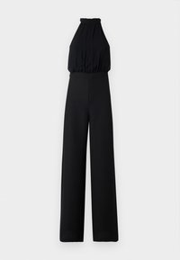 Svart jumpsuit med halterneck-design, samlet midje og vide ben. Laget av mykt stoff, har jevn tekstur og minimal dekorasjon.