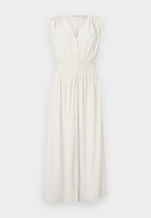 Sleeveless white maxi dress with V-neck, button-down front, and ruched waist detailing on a plain background.