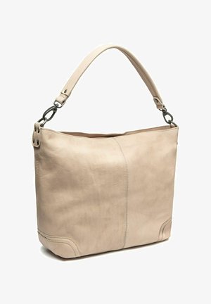 Beige leren handtas met een gladde textuur, gebogen bovenhandvat en zilveren hardware-accenten. Beschikt over subtiele stiksels en een ruime binnenkant.